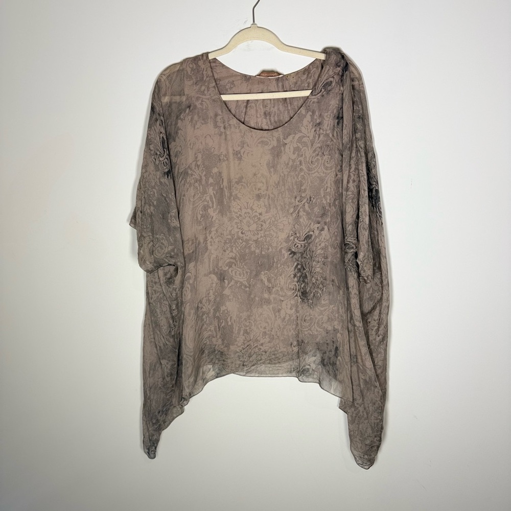 Soft Surroundings Sheer Burnout Floral Tunic Top Gray Tan Boho Silk Medium